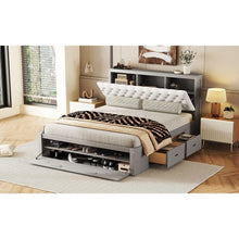 Load image into Gallery viewer, Wood Queen Size Platform Bed with Storage Headboard, shoe rack and 4 drawers,Gray
