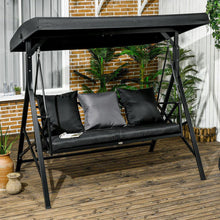 Carregar imagem no visualizador da galeria, 3-Seat Patio Swing Chair, Porch Swing Glider with Cushion, 3 Throw Pillows &amp; Adjustable Canopy for Porch, Garden, Poolside, Backyard, Black
