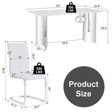 Load image into Gallery viewer, Modern minimalist dining table. Imitation marble glass sticker desktop, stainless steel legs, stable and beautiful. 4 white PU seats. 63 &quot;x 35.4&quot; x 29.5 &quot;DT-69
