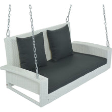 Cargar imagen en el visor de la galería, 2-Person Wicker Hanging Porch Swing with Chains, Cushion, Pillow, Rattan Swing Bench for Garden, Backyard, Pond. (White Wicker, Gray Cushion)
