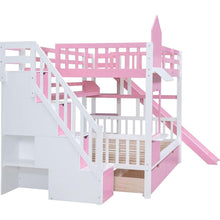 Carregar imagem no visualizador da galeria, Full-Over-Full Castle Style Bunk Bed with 2 Drawers 3 Shelves and Slide - Pink
