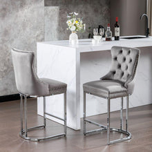 Cargar imagen en el visor de la galería, 26&quot; Counter Height Bar Stools Set of 2, Modern Velvet Barstools with Button Back&amp;Rivet Trim Upholstered Kitchen Island Chairs with Sturdy Chromed Metal Base Legs Farmhouse Bar Stools, (Gray, 2 Pack)
