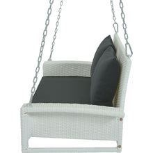 Cargar imagen en el visor de la galería, 2-Person Wicker Hanging Porch Swing with Chains, Cushion, Pillow, Rattan Swing Bench for Garden, Backyard, Pond. (White Wicker, Gray Cushion)
