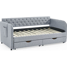 Load image into Gallery viewer, Twin Size Upholstery Daybed with Trundle Bed and Two Storage Drawers , Flat Arms with Pocket, Extendable Daybed for Bedroom Living Room,Linen Grey
