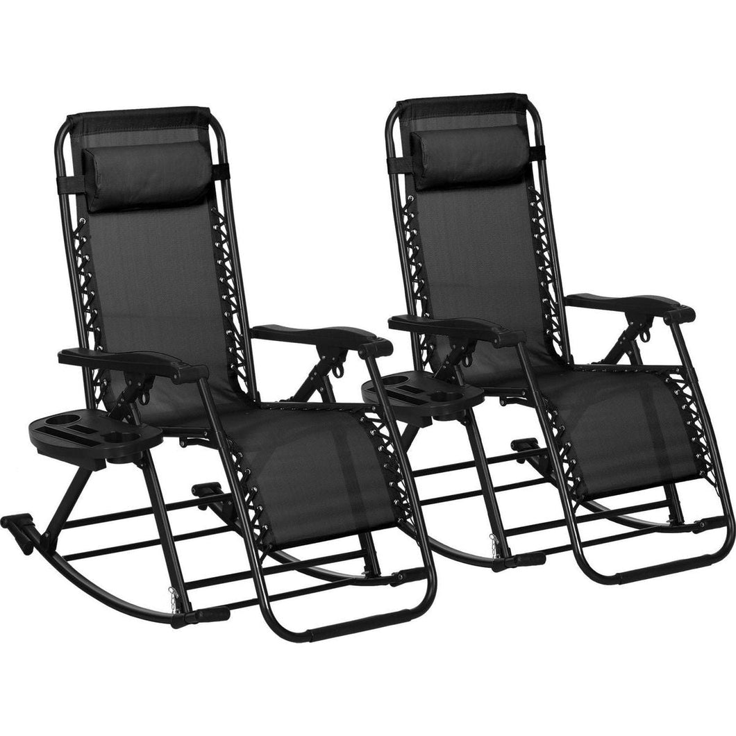 2 Pieces Outdoor Rocking Chairs, Foldable Reclining Zero Gravity Lounge Rocker with Pillow, Cup & Phone Holder, Combo Design with Folding Legs, Black