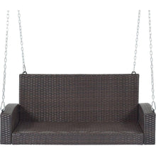 Load image into Gallery viewer, 2-Person Wicker Hanging Porch Swing with Chains, Cushion, Pillow, Rattan Swing Bench for Garden, Backyard, Pond. (Brown Wicker, Beige Cushion)
