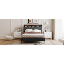 Load image into Gallery viewer, Full size Upholstered Platform Bed with Storage Headboard and USB Port, Linen Fabric Upholstered Bed (Gray)
