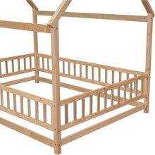 Load image into Gallery viewer, Full Size Floor Wooden Bed with House Roof Frame, Fence Guardrails, Natural
