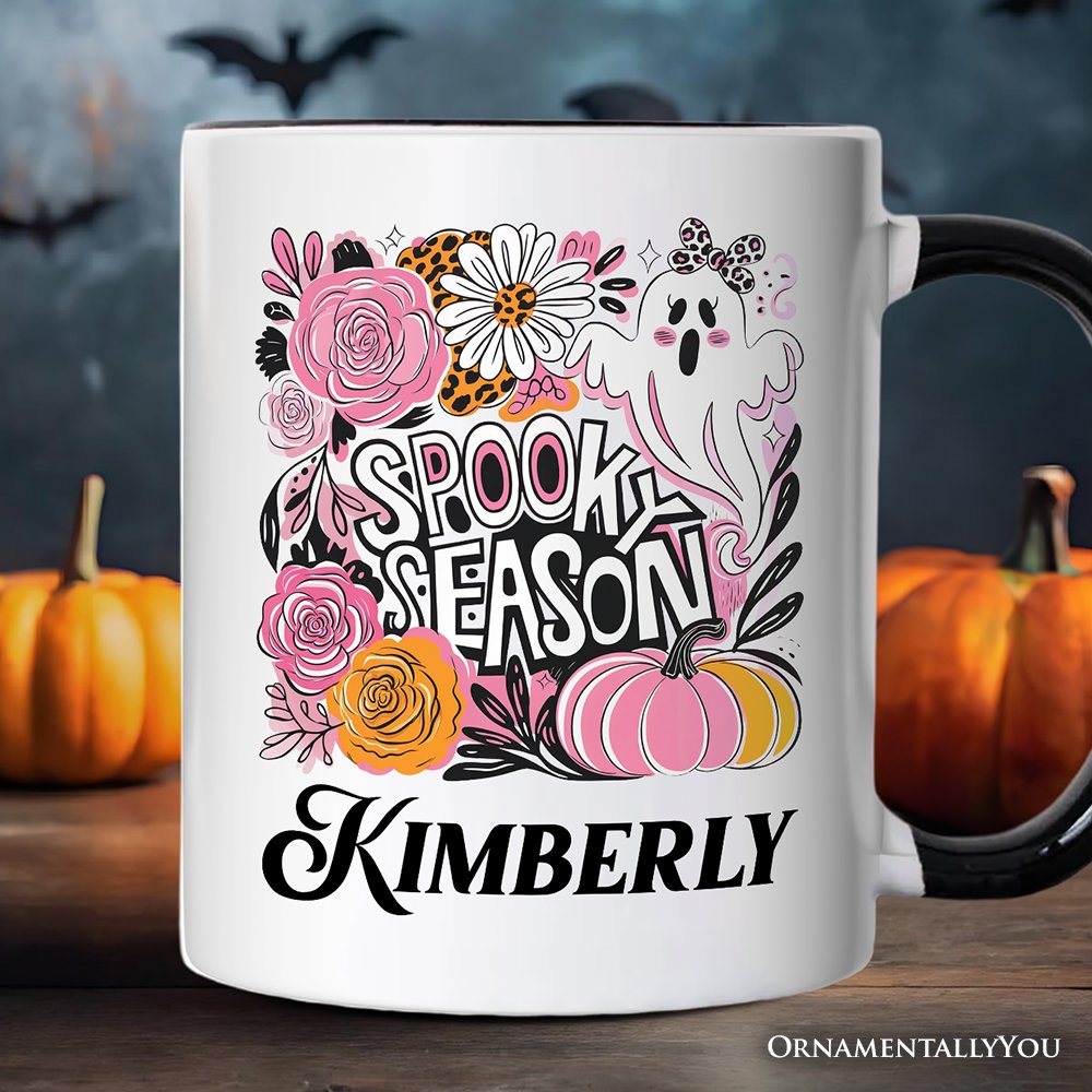 Boho Spooky Season Ghost Personalized Mug, Cute Halloween Gift with Custom Name with Fall Pumpkins