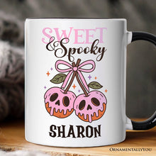 Carregar imagem no visualizador da galeria, Sweet and Spooky Poison Cherries Halloween Personalized Mug, Coquette Skulls Gift with Custom Name
