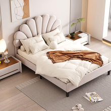 Load image into Gallery viewer, Full Size Upholstered Platform Bed with Flower Pattern Velvet Headboard, Beige
