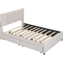 Carregar imagem no visualizador da galeria, Full Size Upholstered Platform Bed with 2 Drawers and 1 Twin Size Trundle, Classic Headboard Design, Beige
