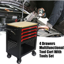 Load image into Gallery viewer, 4 DRAWERS MULTIFUNCTIONAL TOOL CART WITH TOOL SET AND WOODEN TOP

