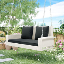 Cargar imagen en el visor de la galería, 2-Person Wicker Hanging Porch Swing with Chains, Cushion, Pillow, Rattan Swing Bench for Garden, Backyard, Pond. (White Wicker, Gray Cushion)
