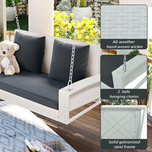 Cargar imagen en el visor de la galería, 2-Person Wicker Hanging Porch Swing with Chains, Cushion, Pillow, Rattan Swing Bench for Garden, Backyard, Pond. (White Wicker, Gray Cushion)
