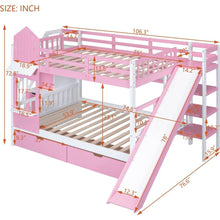 Carregar imagem no visualizador da galeria, Full-Over-Full Castle Style Bunk Bed with 2 Drawers 3 Shelves and Slide - Pink
