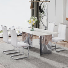 Carregar imagem no visualizador da galeria, Modern minimalist dining table. Imitation marble glass sticker desktop, stainless steel legs, stable and beautiful. 4 white PU seats. 63 &quot;x 35.4&quot; x 29.5 &quot;DT-69
