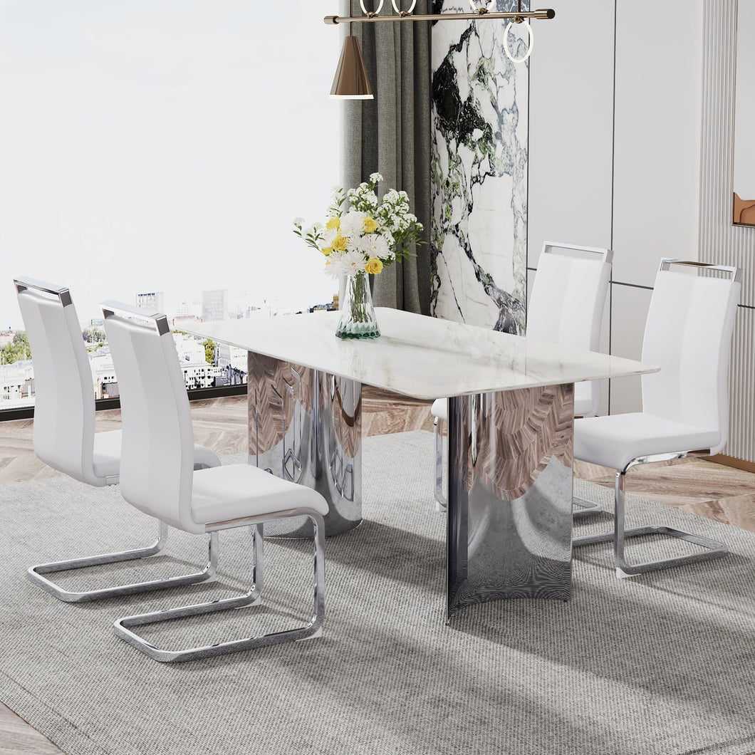 Modern minimalist dining table. Imitation marble glass sticker desktop, stainless steel legs, stable and beautiful. 4 white PU seats. 63 