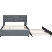 Carregar imagem no visualizador da galeria, Full Size Upholstered Platform Bed with Brick Pattern Headboard and Twin Size Trundle, Linen Fabric, Gray
