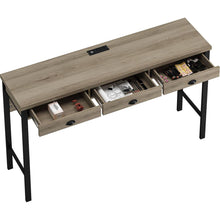 Carregar imagem no visualizador da galeria, 3-Drawer Long Dining Table Set with Power Outlets, Bar Kitchen Table Set with Circular PU Stools, Easy Assemble, Brown Gray Table+Black Stool

