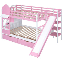 Carregar imagem no visualizador da galeria, Full-Over-Full Castle Style Bunk Bed with 2 Drawers 3 Shelves and Slide - Pink
