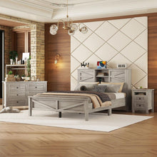 Carregar imagem no visualizador da galeria, 3-Pieces Bedroom Sets Queen Size Farmhouse Platform Bed with Double Sliding Door Storage Headboard and Charging Station, Storage Nightstand and Dresser, Antique Gray
