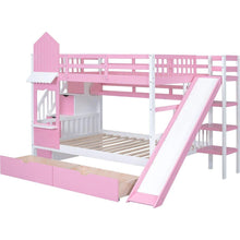 Carregar imagem no visualizador da galeria, Full-Over-Full Castle Style Bunk Bed with 2 Drawers 3 Shelves and Slide - Pink
