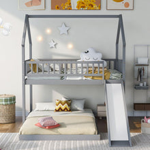 Load image into Gallery viewer, Twin over Full House Bunk Bed with Slide and Built-in Ladder, Full-Length Guardrail, Gray
