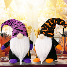 Carregar imagem no visualizador da galeria, Halloween Gnome Set with Bat and Spider Accents, Orange and Purple Individual Gnomes Holding Broom
