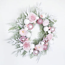 Load image into Gallery viewer, Snow White and Pink Bauble Filled Wreath, Belle Isis Artificial Flowers 22 Inches
