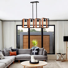 Carregar imagem no visualizador da galeria, Hanging Lights for Hall with Rustic Wood, 4-Light Fixture &amp; Black Metal Design
