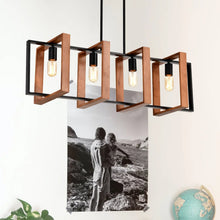 Carregar imagem no visualizador da galeria, Hanging Lights for Hall with Rustic Wood, 4-Light Fixture &amp; Black Metal Design
