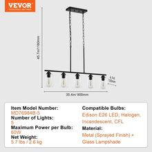 Carregar imagem no visualizador da galeria, Hanging Pendant Lights for Kitchen Island with 5-Lights &amp; Adjustable Design
