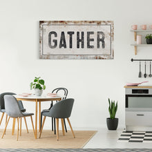 Load image into Gallery viewer, Gather Sign | Gather Wood Canvas Sign | Dining Room Sign | Large Gather Sign | Fall Sign | Gather | Framed Canvas Wood Signs | Canvas Signs
