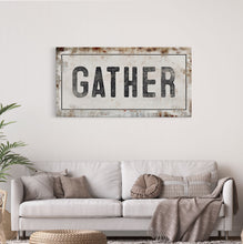 Load image into Gallery viewer, Gather Sign | Gather Wood Canvas Sign | Dining Room Sign | Large Gather Sign | Fall Sign | Gather | Framed Canvas Wood Signs | Canvas Signs
