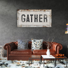 Load image into Gallery viewer, Gather Sign | Gather Wood Canvas Sign | Dining Room Sign | Large Gather Sign | Fall Sign | Gather | Framed Canvas Wood Signs | Canvas Signs
