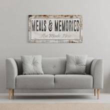 Cargar imagen en el visor de la galería, Meals And Memories Made Here Printed Canvas Rusty Sign Distressed Wall Art Cute Sign Wood Frame Wood And Canvas Sign Kitchen Sign
