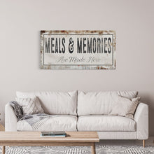 Cargar imagen en el visor de la galería, Meals And Memories Made Here Printed Canvas Rusty Sign Distressed Wall Art Cute Sign Wood Frame Wood And Canvas Sign Kitchen Sign
