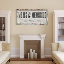 Cargar imagen en el visor de la galería, Meals And Memories Made Here Printed Canvas Rusty Sign Distressed Wall Art Cute Sign Wood Frame Wood And Canvas Sign Kitchen Sign

