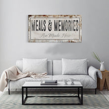 Cargar imagen en el visor de la galería, Meals And Memories Made Here Printed Canvas Rusty Sign Distressed Wall Art Cute Sign Wood Frame Wood And Canvas Sign Kitchen Sign
