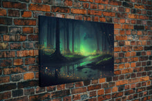 Cargar imagen en el visor de la galería, Fireflies light up a mystical fantasy forest, framed canvas art, framed print
