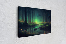 Cargar imagen en el visor de la galería, Fireflies light up a mystical fantasy forest, framed canvas art, framed print
