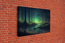 Cargar imagen en el visor de la galería, Fireflies light up a mystical fantasy forest, framed canvas art, framed print
