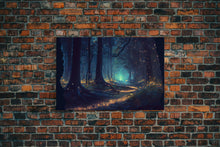 Cargar imagen en el visor de la galería, Fireflies light up a mystical fantasy forest at night, framed canvas art, framed print
