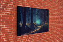 Cargar imagen en el visor de la galería, Fireflies light up a mystical fantasy forest at night, framed canvas art, framed print
