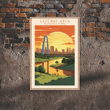 Load image into Gallery viewer, Gateway Arch National Park Missouri Travel Art, National Park Print, Minimalist Travel Art, Midcentury Modern Style Landscape Painting
