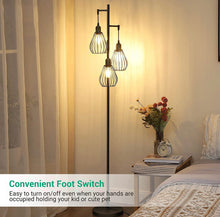 Cargar imagen en el visor de la galería, Floor Lamp Matches Industrial, Farmhouse &amp; Rustic Living Rooms – Standing Tree Lamp with 3 Elegant Cage Heads &amp; Edison LED Bulbs
