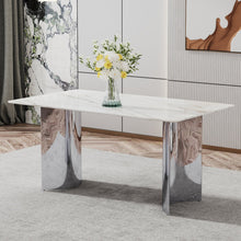 Load image into Gallery viewer, Modern minimalist dining table. White imitation marble glass sticker desktop, stainless steel legs, stable and beautiful. Suitable for living room and dining room 63&quot; x35.4&quot; x29.5&quot; DT-69
