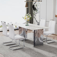 Load image into Gallery viewer, Modern minimalist dining table. White imitation marble glass sticker desktop, stainless steel legs, stable and beautiful. Suitable for living room and dining room 63&quot; x35.4&quot; x29.5&quot; DT-69
