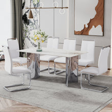 Load image into Gallery viewer, Modern minimalist dining table. White imitation marble glass sticker desktop, stainless steel legs, stable and beautiful. Suitable for living room and dining room 63&quot; x35.4&quot; x29.5&quot; DT-69
